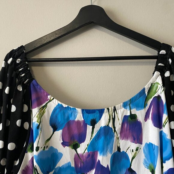 Handmade Plus Size Cotton Blue Floral Black White Polka Dot Dress - Picture 6 of 14